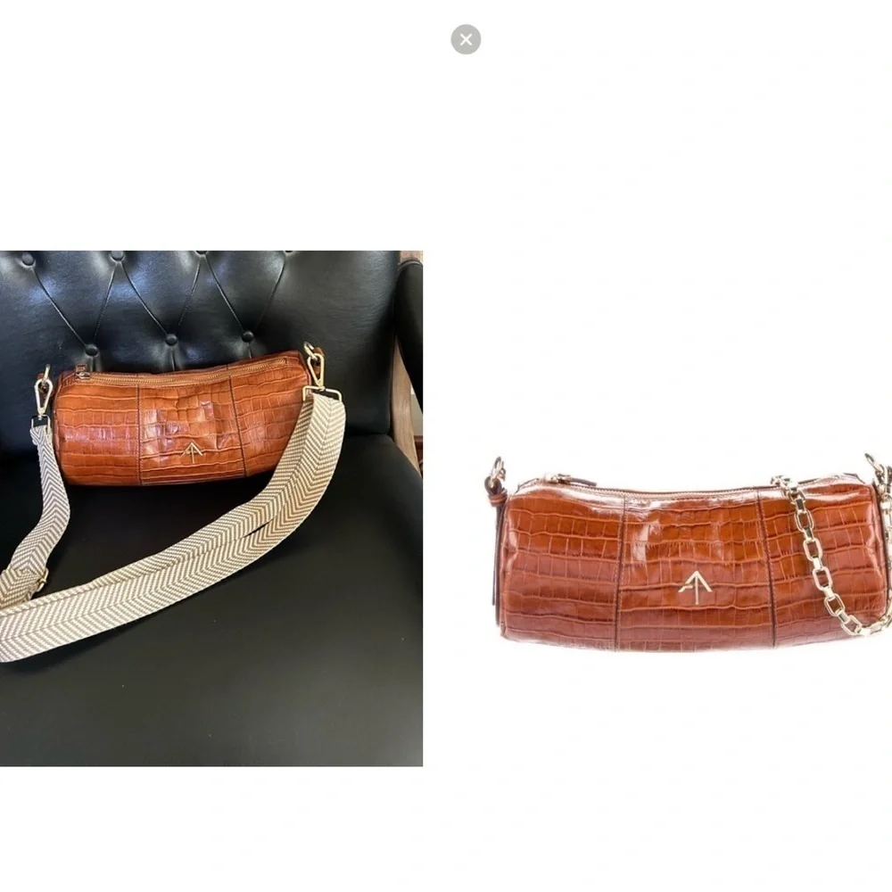 Manu Atelier Shoulder Bag  Brown Leather Gold-Tone Hardware ChainLink wide strap